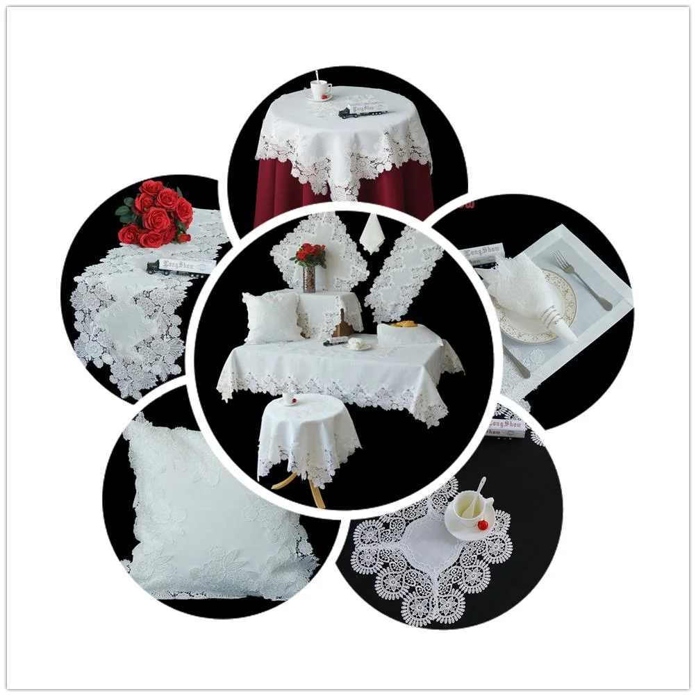 White Jacquard Home Hotel Textile Polyester Round Rectangle Tablecloth/Decorative Table Linen with Elegant Lace