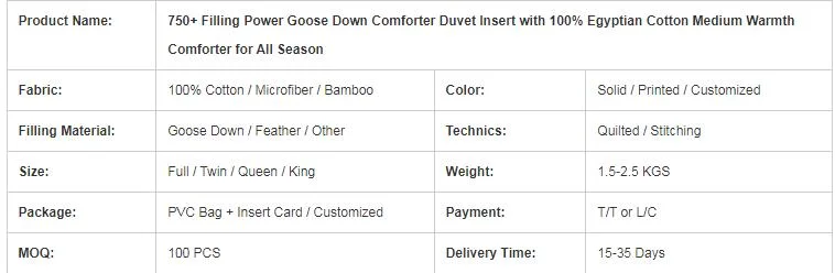 750+ Filling Power Goose Down Comforter Duvet Insert with 100% Cotton Medium Warm Duvet for All Season