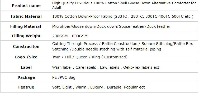 Wholesale 100% Cotton Duck Down Alternative Duvet Goose Feather Comforter